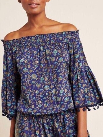 Raga From Anthropologie Blue Kassie Pom-Pom Floral 3.5" Romper - Size - Medium